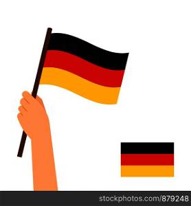 Human hand holding flag of Germany country isolated on white background. Vector illustration. Human hand holding flag of Germany