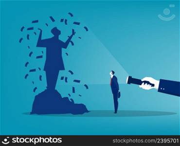 Human hand holding flashlight stairs direct with dreaming about money or rich wealth flat vector illustrator concept