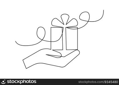 Human hand holding gift box continuous line. Birthday symbol. One line art drawn surprise. Vector illustration. EPS 10.