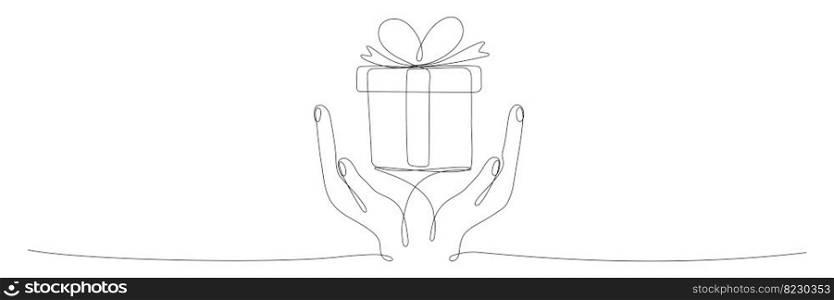 Human hand holding gift box continuous line. One line art drawn surprise. Birthday symbol. Vector isolated on white.. Human hand holding gift box continuous line.