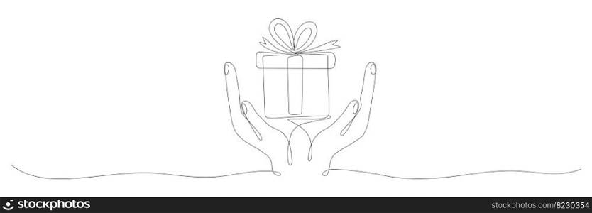 Human hand holding gift box continuous line. One line art drawn surprise. Birthday symbol. Vector isolated on white.. Human hand holding gift box continuous line.
