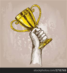 Human hand holding golden champion cup trophy sketch vector illustration