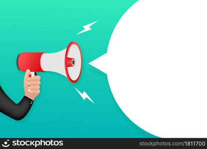 Human hand holding megaphone. Social media marketing concept. Vector stock illustration. Human hand holding megaphone. Social media marketing concept. Vector stock illustration.