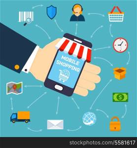Human hand holding mobile phone shopping concept vector illustration