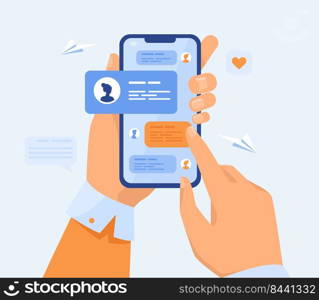 Human hand holding mobile phone with text messages. Person touching screen with chat conversation flat vector illustration. Phone communication concept for banner, website design or landing web page