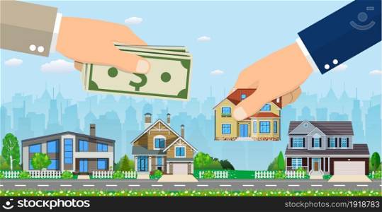 Human hand holding right house and money, exchange conceptual property for sale, real estate concept. Vector illustration in flat style. Human hand holding right house and money,