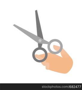 Human hand holding scissors vector cartoon illustration isolated on white background.. Human hand holding scissors vector illustration.