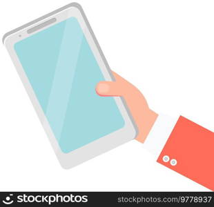Human hand holding smartphone blue with touchscreen, chatting sms, application for communications template isolated on white background. Mobile phone device for calls and conversations at distance. Human hand holding smartphone blue with touchscreen, chatting sms, application for communications