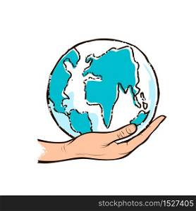 Human hand holding the blue globe drawing design isolated on white background, vector illustration