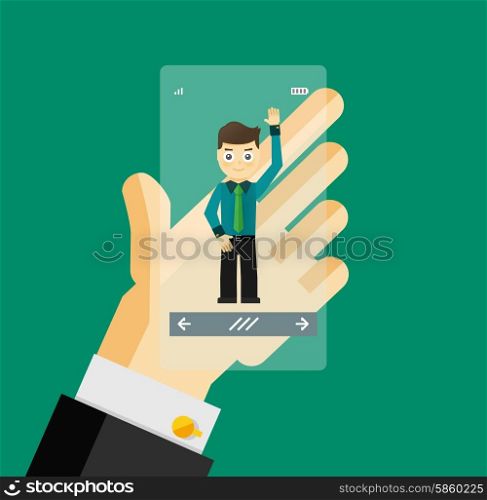 Human hand holding transparent screen smartphone with virtual assistant - businessman. Human hand holding transparent screen smartphone with virtual assistant - businessman. Hi-tech flat design concept