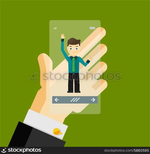 Human hand holding transparent screen smartphone with virtual assistant - businessman. Human hand holding transparent screen smartphone with virtual assistant - businessman. Hi-tech flat design concept