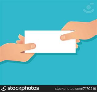 human hand holding white paper isolate on blue background vector design illustration eps10