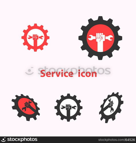 Human hand icon and wrench with gear vector logo design template. Repair and Service tool icon.Maintenance and Technical support concept.Vector illustration.