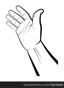 human hand indicates the direction of movement. Gesture of a request for help. Gift, presentation. Isolated vector on white background
