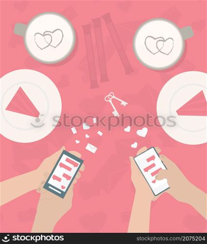 Human hand is sending love messages using cellphone wireless communications in cafeVvector illustration