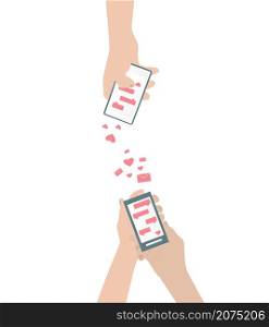 Human hand is sending love messages using cellphone wireless communications Isolated vector illustration
