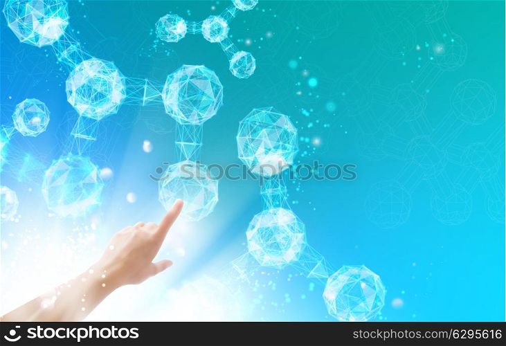 Human hand point on molecules. Vector illustration.