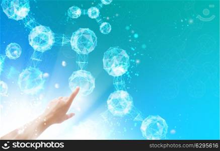 Human hand point on molecules. Vector illustration.