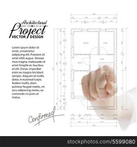 Human hand pointing architecture on the house blueprint.