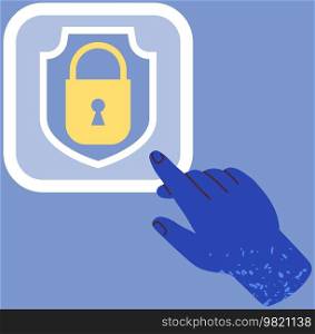 Human hand points to lock vector illustration. Protection and safety symbol. Closed padlock with keyhole as mobie app icon. Personal data protection, security concept. Protected access to information. Human hand points to lock, security symbol. Closed padlock with keyhole as mobie app icon