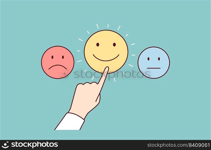 Human hand push icons with different emotions. Person choose mood or satisfaction level. Happy or sad. Vector illustration. . Person hand push icons with different emotions 