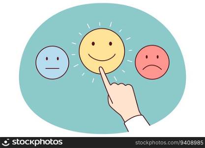 Human hand push icons with different emotions. Person choose mood or satisfaction level. Happy or sad. Vector illustration.. Person hand push icons with different emotions