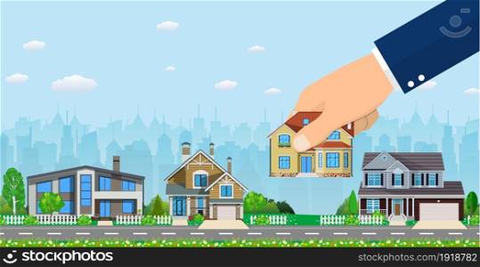 Human hand select to holding a right house. Property For Sale, Real estate. Vector illustration in flat style. Human hand select to holding a right house.