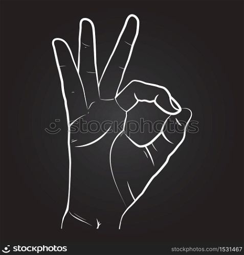 Human hand, showing OK sight, fingers showing symbol of a great state. Vector isolated sketch style, hand drawn illustration. Ok icon