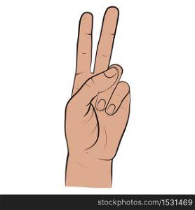Human hand, showing two fingers sight, fingers showing symbol of peace. Vector isolated sketch style, hand drawn illustration. Peace, victory icon. Human hand, two fingers, fingers showing symbol of a peace, victory. Vector isolated sketch style, hand drawn illustration