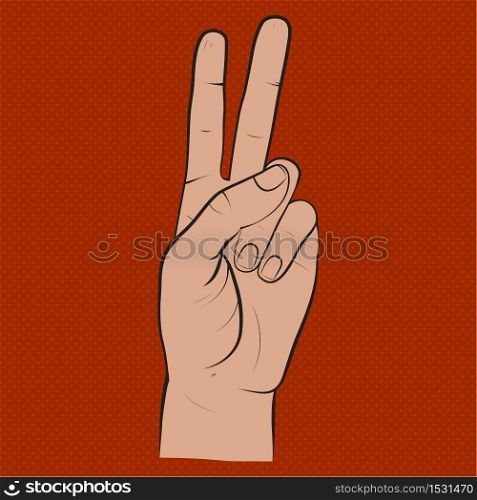Human hand, showing two fingers sight, fingers showing symbol of peace. Vector isolated sketch style, hand drawn illustration. Peace, victory icon. Human hand, two fingers, fingers showing symbol of a peace, victory. Vector isolated sketch style, hand drawn illustration