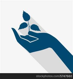 Human hand silhouette holding plant sprout flat long shadow vector illustration