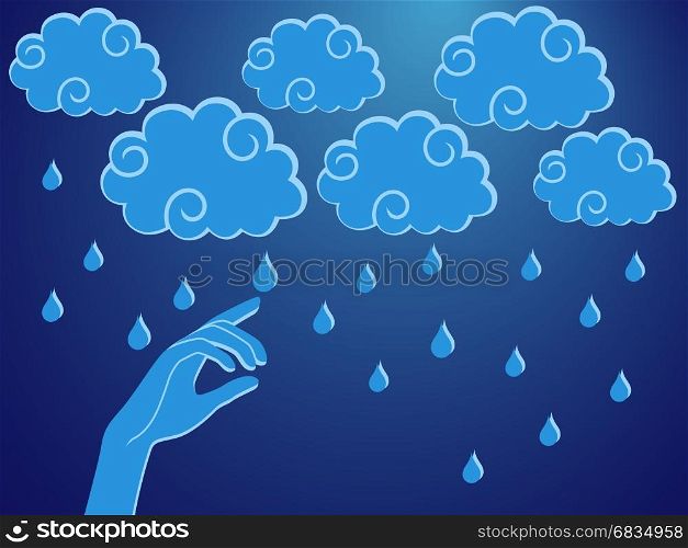 Human hand touching a rain droplet, stylised conceptual vector illustration