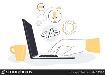 Human hand typing on computer with different symbols above located near cup of coffee. Side view of open laptop flat vector illustration. New technologies, millennials at work concept