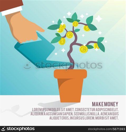 Human hand watering money dollar coin tree with can poster vector illustration