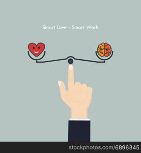 Human hand with heart sign and brain icon.Smart love and Smart work concept.Work life,business and Lifestyle balance concept.Vector illustration.