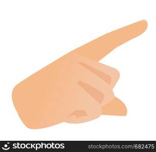 Human hand with index finger pointing at something vector cartoon illustration isolated on white background.. Human hand with index finger pointing at something