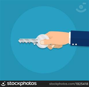 Human hand with key icon. vector illustration in flat style. Human hand with key