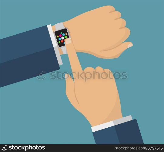 Human hand with smart watches. Operation with smart watches. Business theme illustration.