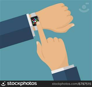 Human hand with smart watches. Operation with smart watches. Business theme illustration.