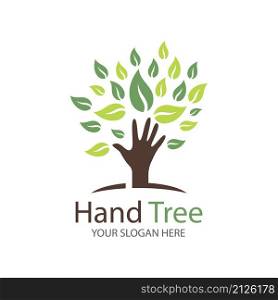 Human hands and tree with green leaves. Logo symbol icon illustration vector template design