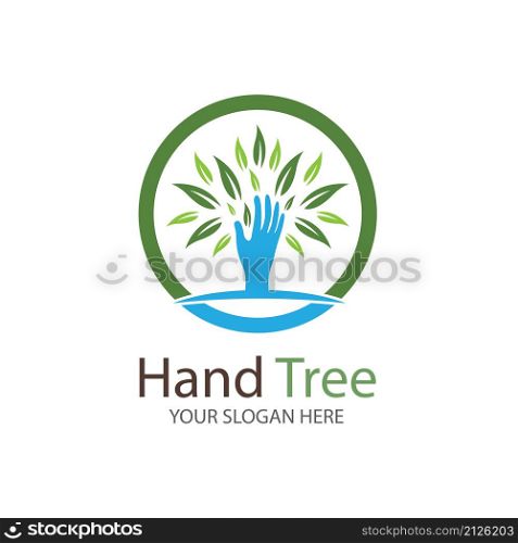 Human hands and tree with green leaves. Logo symbol icon illustration vector template design