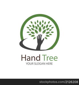 Human hands and tree with green leaves. Logo symbol icon illustration vector template design