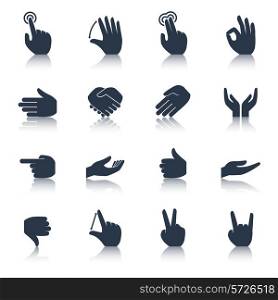 Human hands applause tap helping action gestures icons black set isolated vector illustration