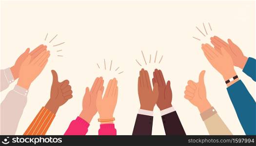 Human hands clapping. People crowd applaud to congratulate success job. Hand thumbs up. Business team cheering and ovation vector concept. Illustration support celebration, appreciation friendship. Human hands clapping. People crowd applaud to congratulate success job. Hand thumbs up. Business team cheering and ovation vector concept