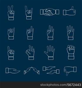 Human hands communication signs signals and gestures icons set outline isolated vector illustration