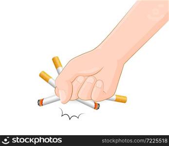 Human hands crushing cigarette. Quitting smoking concept. World No Tobacco Day. Illustration isolated on white background.
