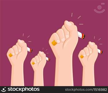 Human hands crushing cigarette. Quitting smoking concept. World No Tobacco Day. illustration.