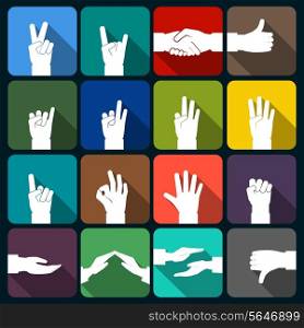 Human hands expressions signs signals and gestures icons set flat isolated vector illustration