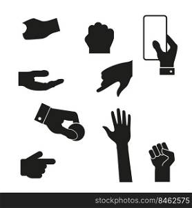 Human hands gesture simple silhouette icon set. Flat vector illustration isolated on white background.. Human hands gesture simple silhouette icons. Flat vector illustration isolated on white