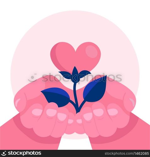 Human hands hold a flower in the form of a heart.Psychological support, help, psychotherapy.Emotional problem.Concept.Flat vector illustration